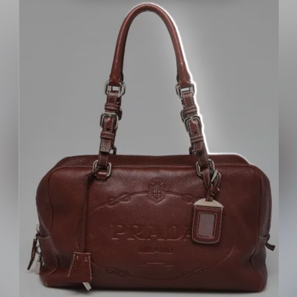 Prada Brown Vitello Daino Leather Embossed Logo Shoulder Bag - Picture 1 of 10